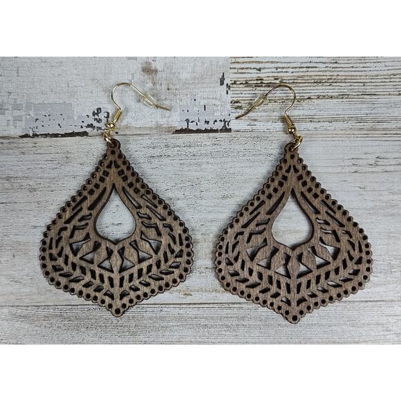 Light Brown Filigree Wood Pierced Earrings - Picture 1 of 3